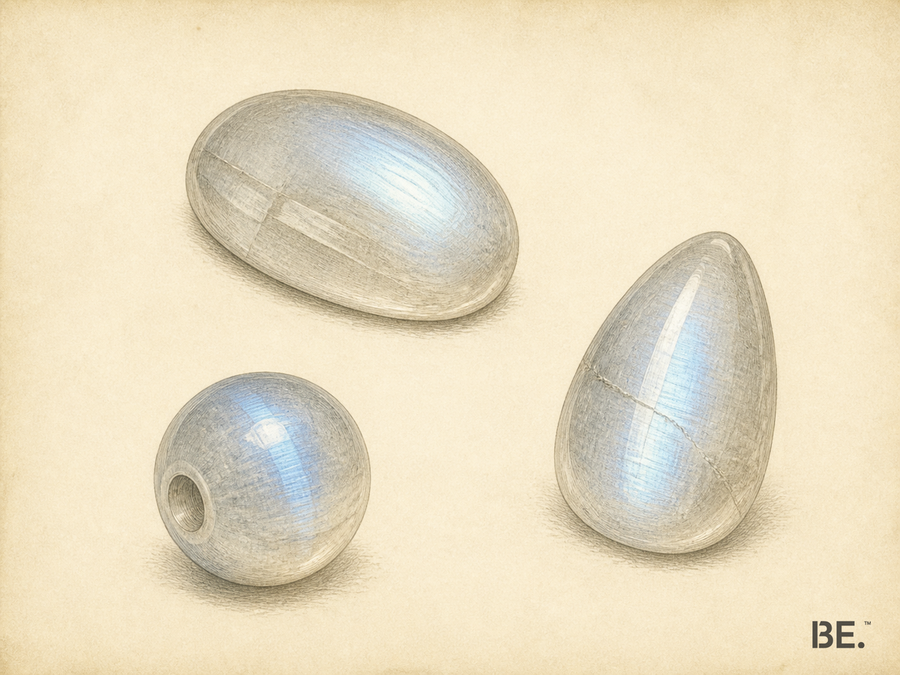 Moonstone beads shown through three viewing angles, with moving sheen, drill-hole condition and surface fissures marked for comparison.