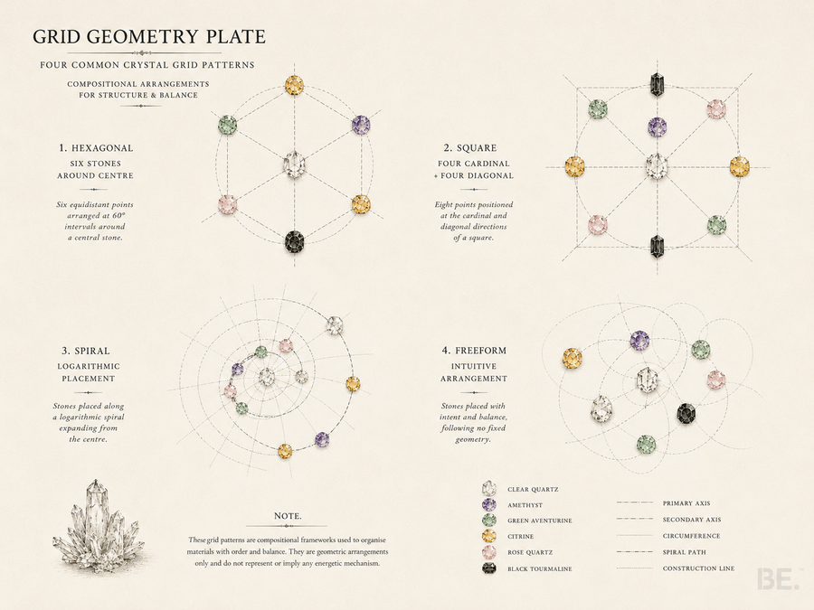 Crystal grids sacred geometry arrangement with stones