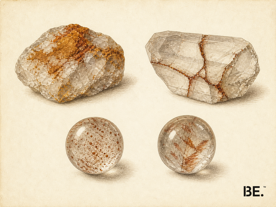 Illustrative plate of quartz showing orange-brown material on rough surfaces, along fractures and as spots or needle-like features in polished beads