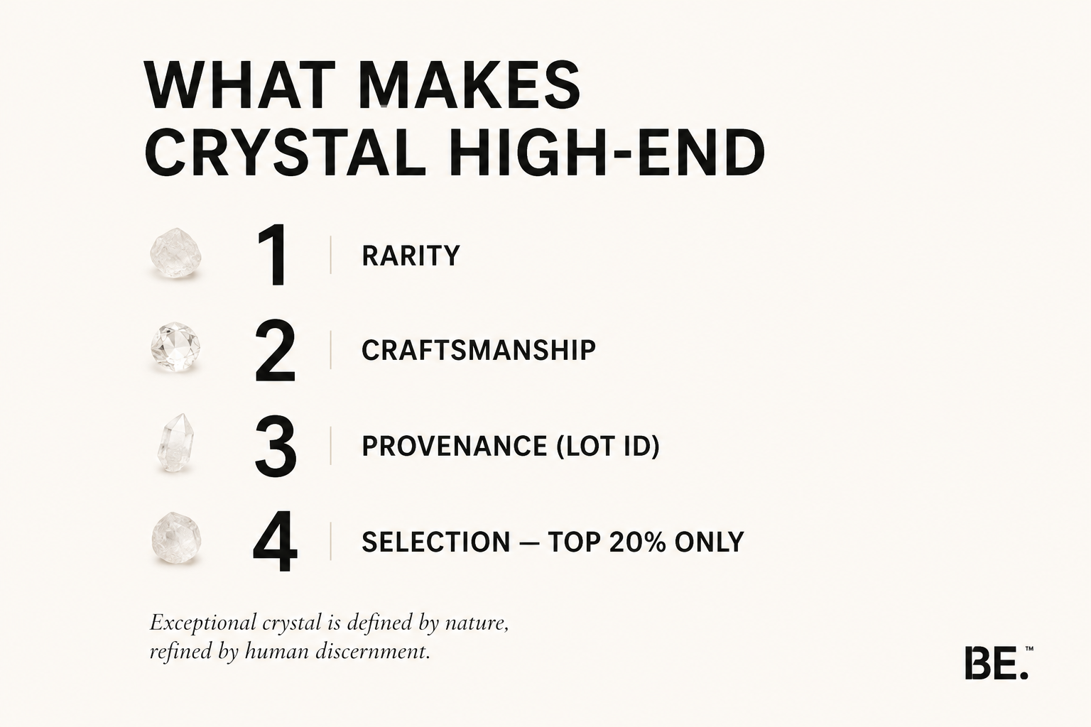 What makes crystal jewellery high-end — rarity, craftsmanship, provenance and selection. BE.
