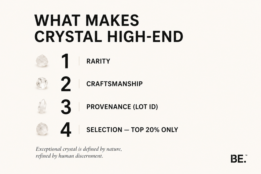 What makes crystal jewellery high-end — rarity, craftsmanship, provenance and selection. BE.