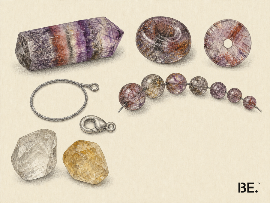 Vintage mineralogical evidence board showing included-quartz rough, drilled beads of different sizes, a partial wire-strung bracelet, clasp components and comparison stones