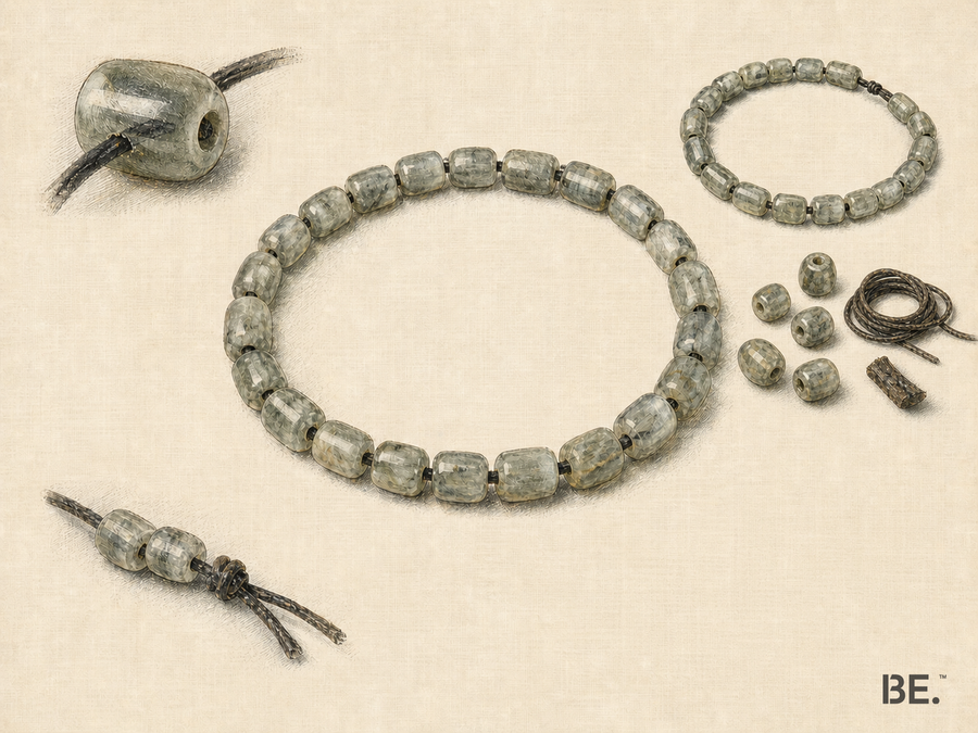 An unmarked grey-green mineral bead strand shown as a finished loop, loose beads, drilled-bead detail and corded assembly, without religious symbols