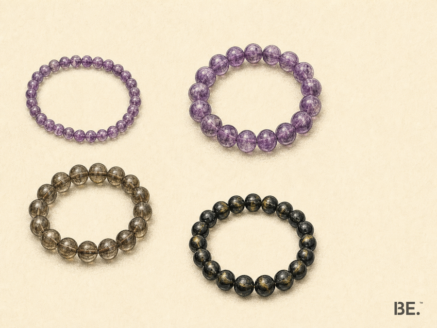 Two separately sized bracelet routes: Bolivian amethyst in 6mm and 10mm bead scales, and smoky quartz beside gold sheen obsidian as a dark-material contrast.