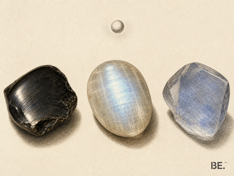Interpretive mineral plate comparing surface reflection, moonstone adularescence and fine-particle volume scattering under one light direction