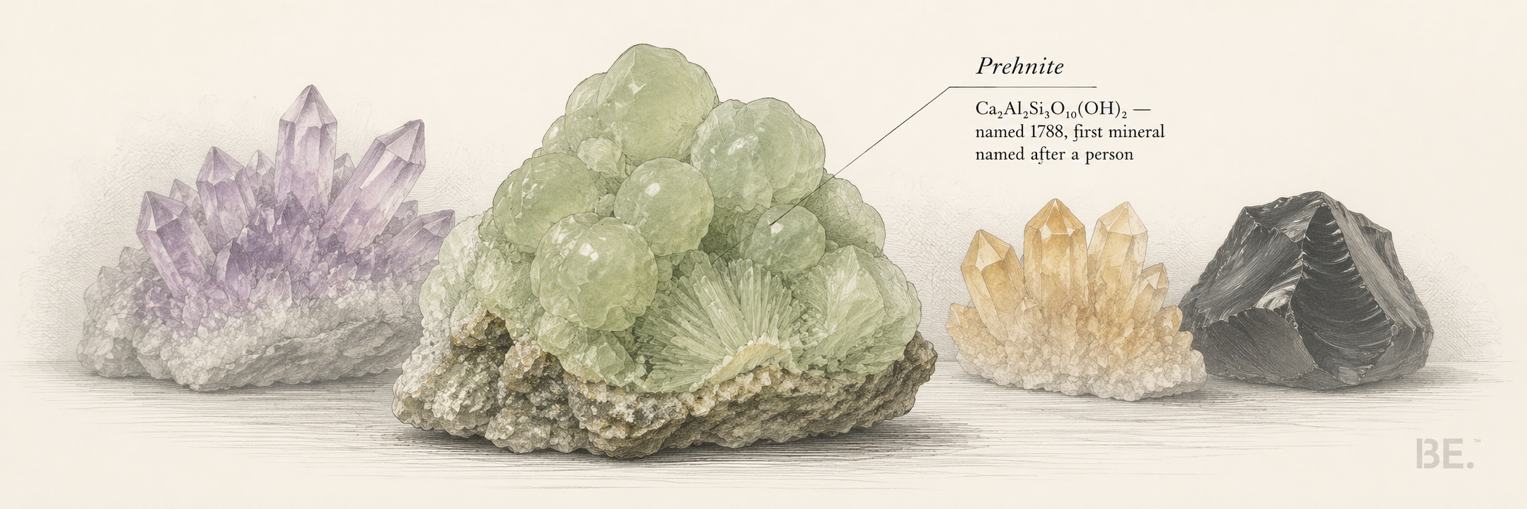 Prehnite — first to arrive, last to be noticed, pale green mineral illustration