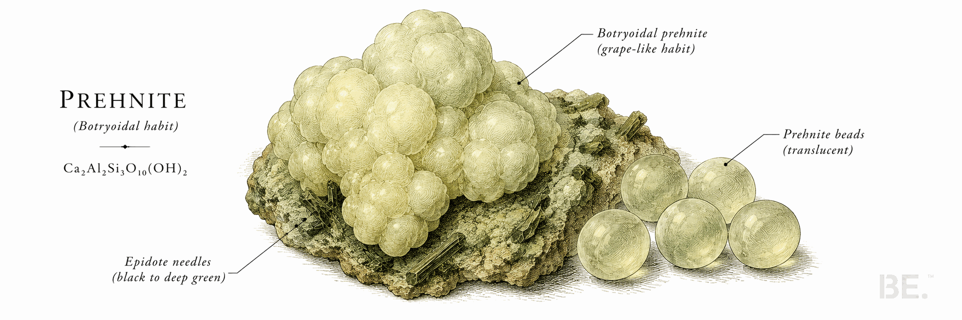 Botryoidal pale green prehnite with epidote needles beside translucent prehnite beads