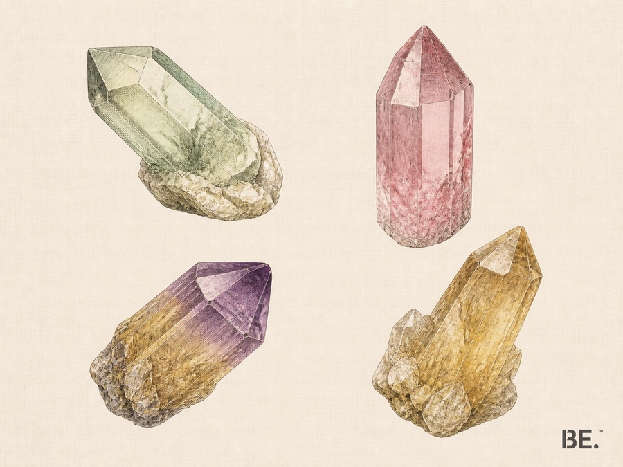 Equal-weight geological plate of green, pink, bicolour and yellow quartz specimens representing separate rarity evidence categories