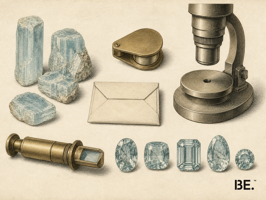 Illustrative examination plate with aquamarine-like blue specimens beside non-destructive gemmological tools.