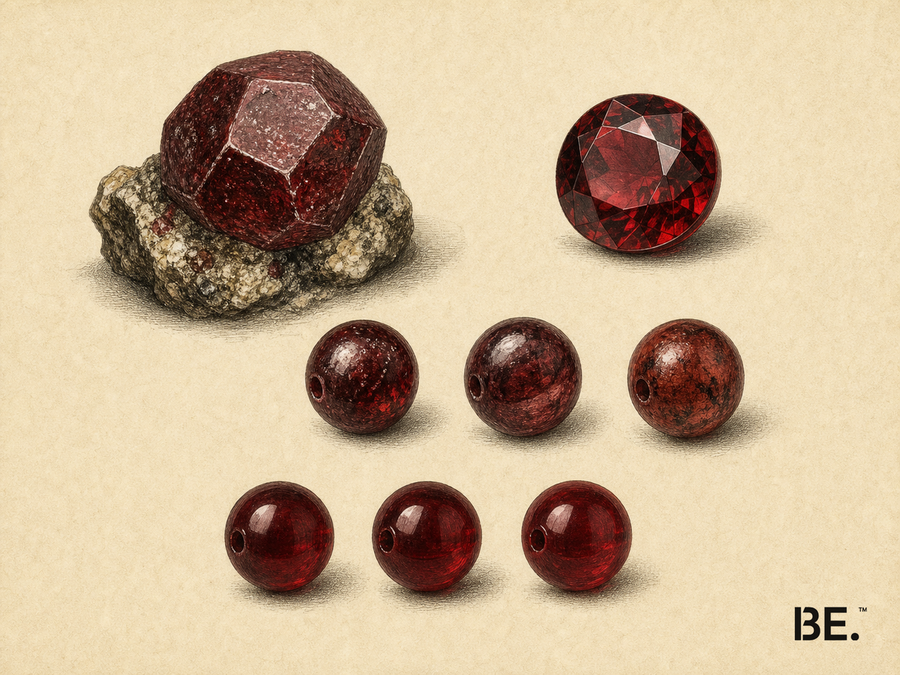 Vintage-style material plate showing a rough red garnet-like crystal, a faceted red stone and drilled red beads with varied clarity and internal appearance.