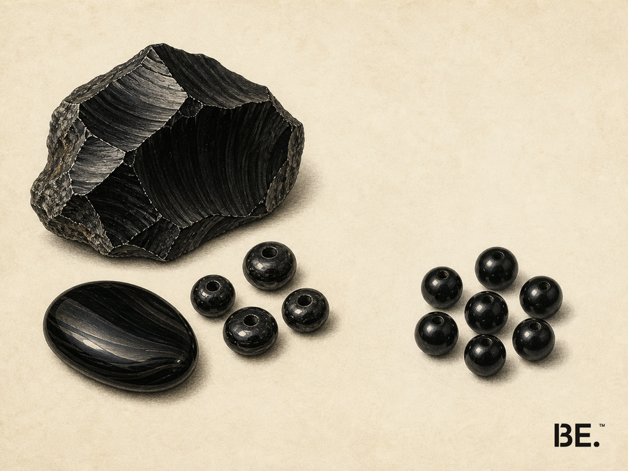 Comparative mineralogical illustration of rough black volcanic glass with conchoidal fracture surfaces, a polished black object and two groups of black beads with different degrees of visual uniformity
