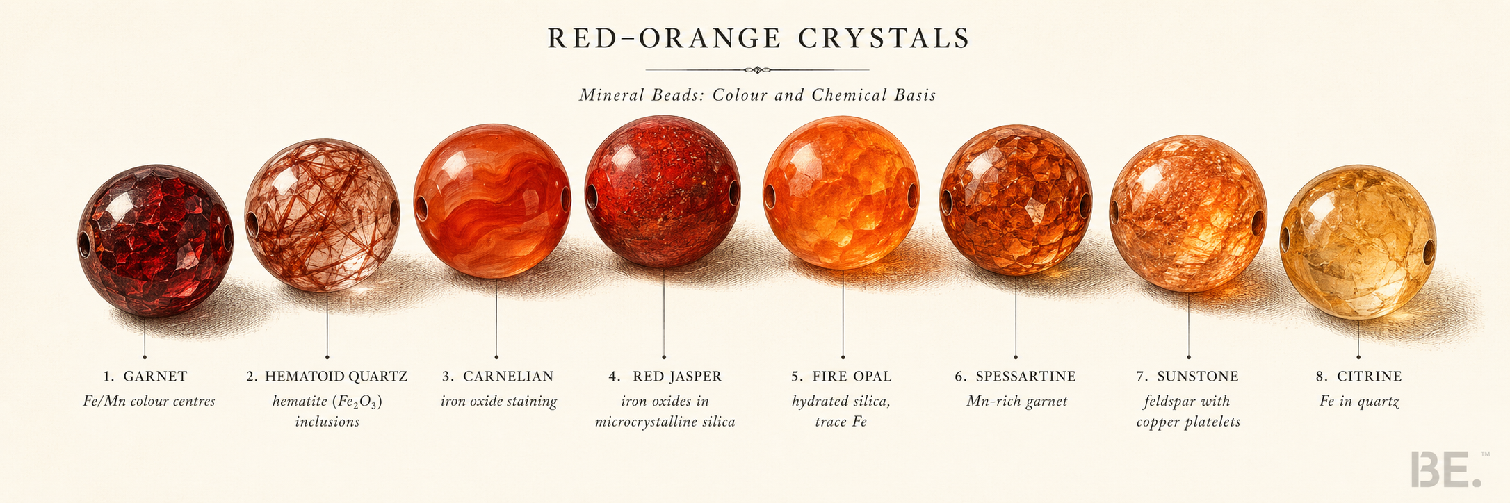 Red and orange crystals — garnet, hematoid quartz and six more specimens