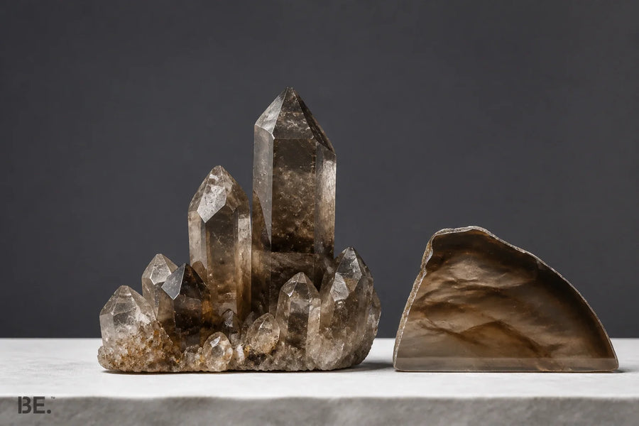 Smoky quartz crystal group and polished section under transmitted museum light — BE.