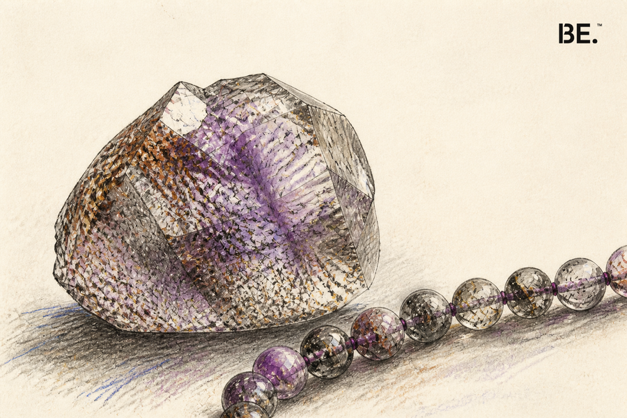 Hand-drawn Super Seven quartz composition with colour zones and mineral inclusions