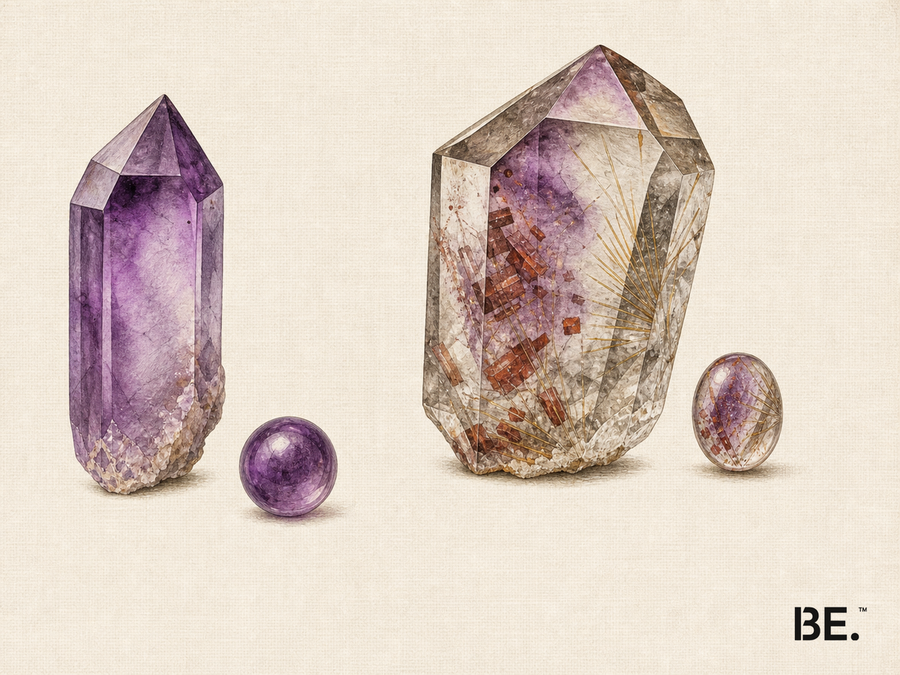 Side-by-side material comparison of coherent violet amethyst and zoned included Super Seven quartz under the same light