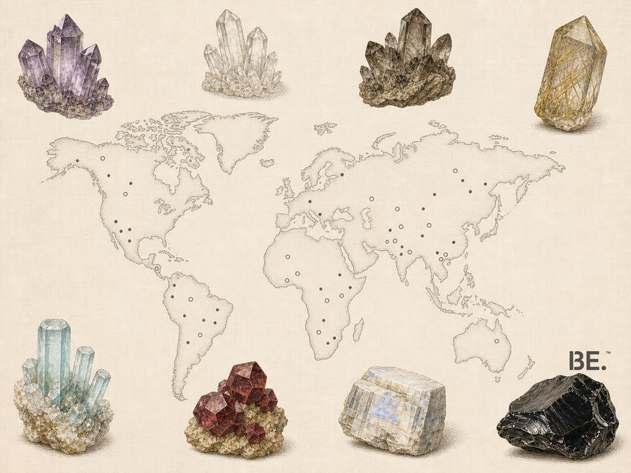 Vintage world outline with neutral occurrence markers, surrounding mineral specimens and intentional blank areas for unknown product origins