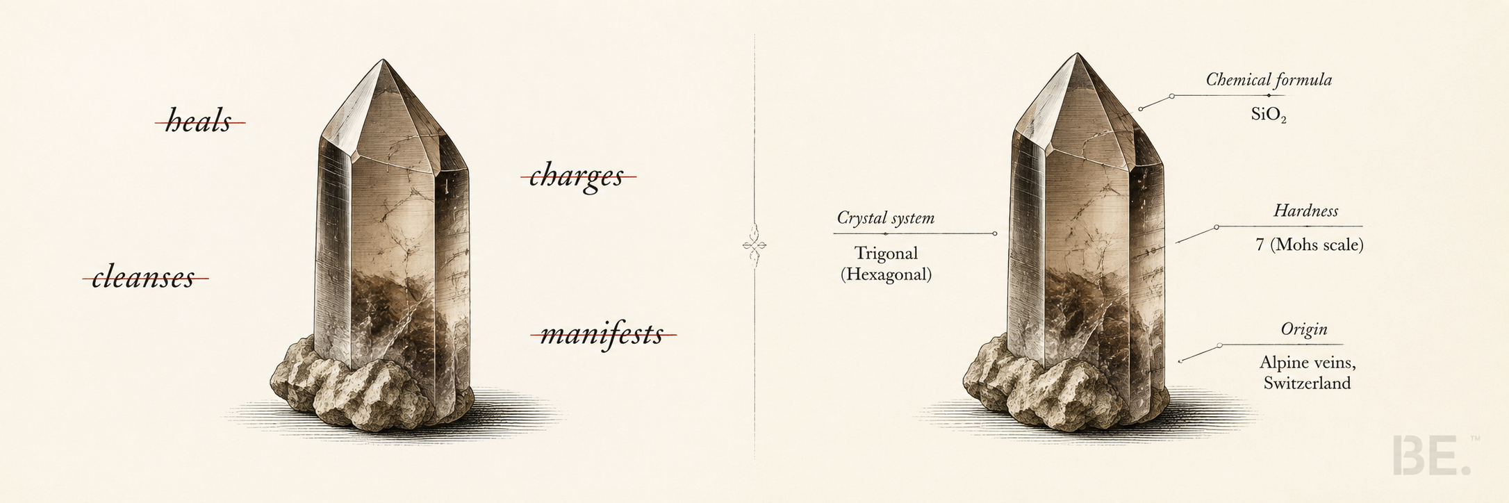 Why BE. avoids crystal claims — material-first brand philosophy