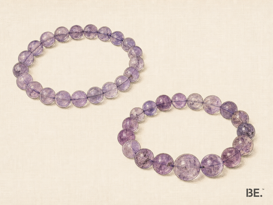 Two coordinated amethyst bracelet strands with visible but restrained differences in violet tone, zoning and bead pattern