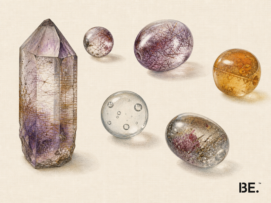 Vintage illustrative plate of an included-quartz crystal and polished beads with different transparency, colour, internal texture and surface appearance