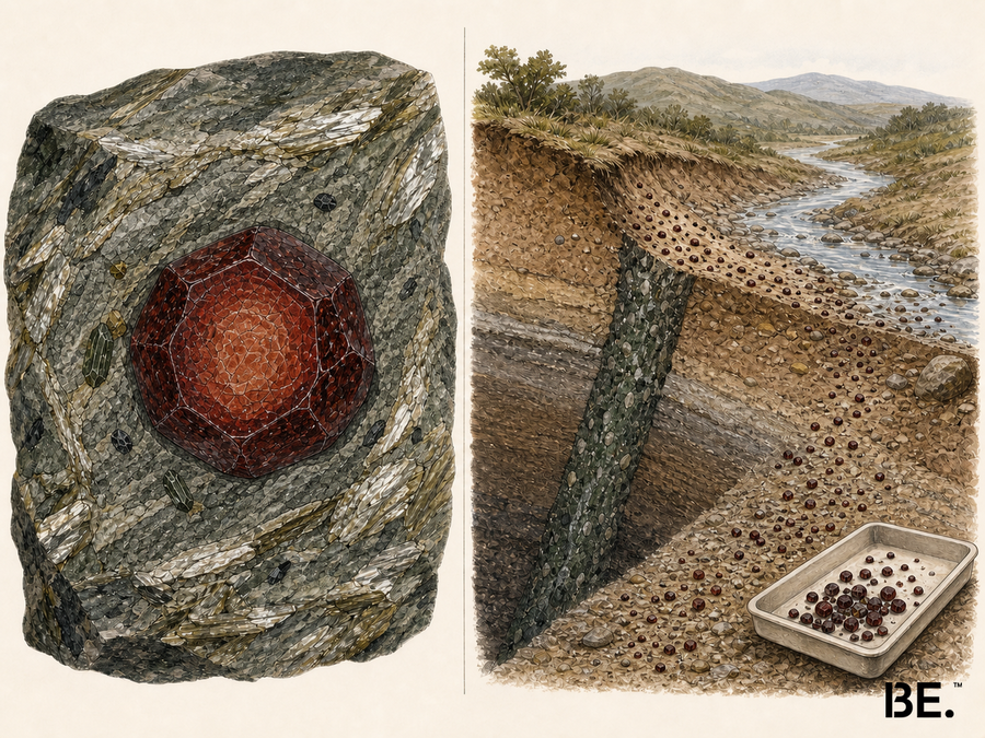 Geological illustration comparing zoning inside a garnet crystal with indicator grains dispersed from a mantle-derived source
