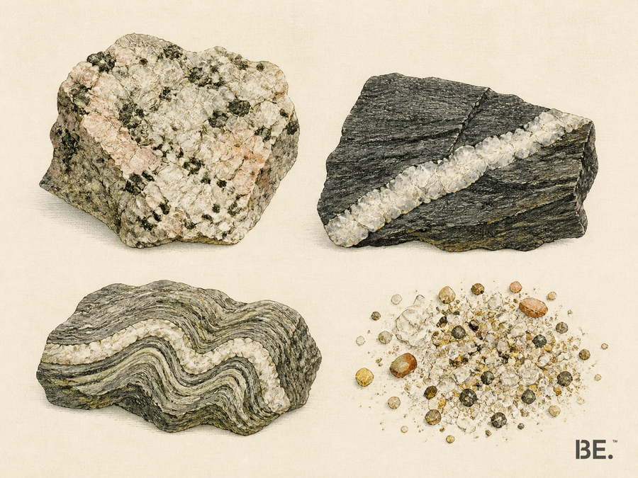 Vintage geological plate showing quartz in granite, a hydrothermal vein, metamorphic rock and quartz-rich sand