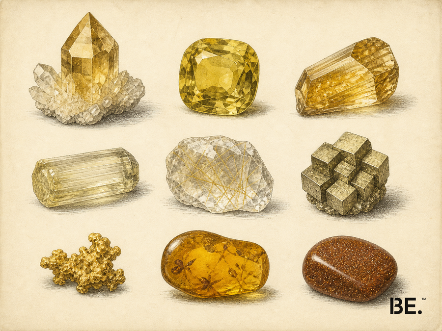 Vintage mineral plate illustrating yellow and gold-coloured navigation across minerals, quartz inclusions, native gold, amber, goldstone and glass