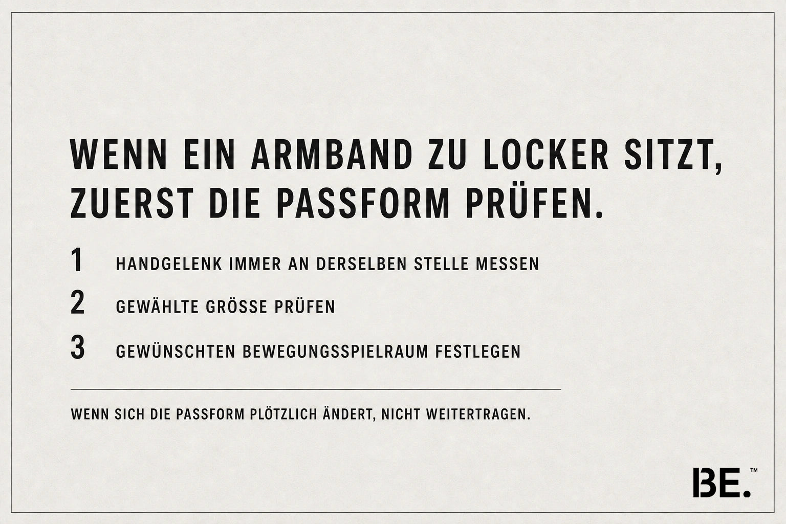 Checkliste zur Armbandpassform: Handgelenk messen, gewählte Größe prüfen und Bewegungsspielraum festlegen — BE.