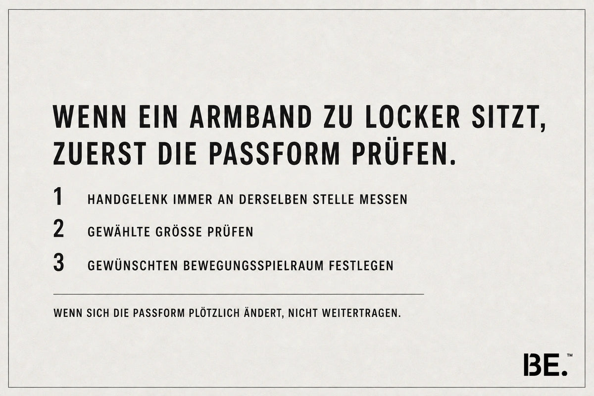 Checkliste zur Armbandpassform: Handgelenk messen, gewählte Größe prüfen und Bewegungsspielraum festlegen — BE.