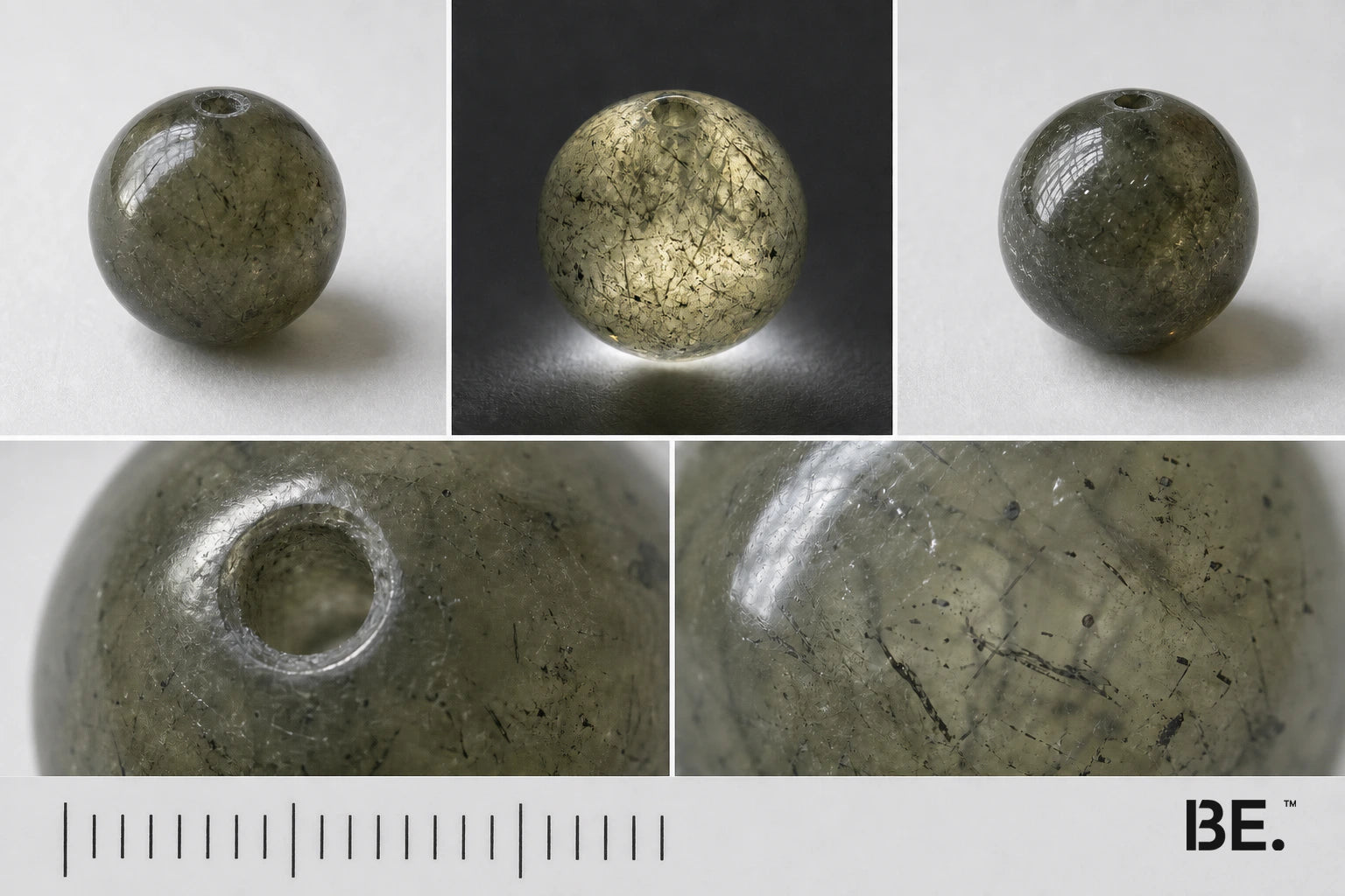 Five observation views used to document and narrow an unknown bracelet stone — BE.