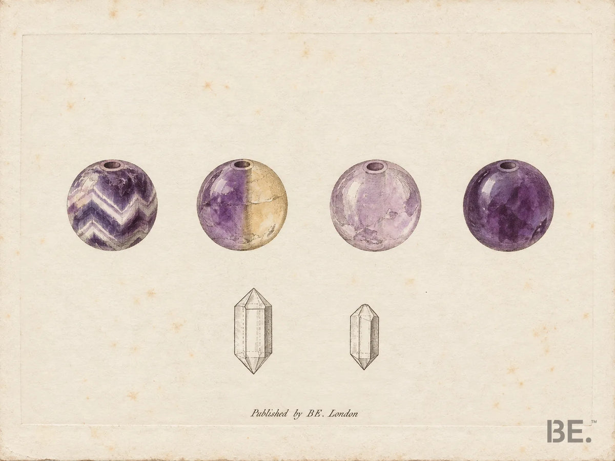 Four amethyst beads drawn as a hand-coloured mineralogy plate: chevron with white banding, ametrine half violet half yellow, pale Rose de France and deep Siberian tone