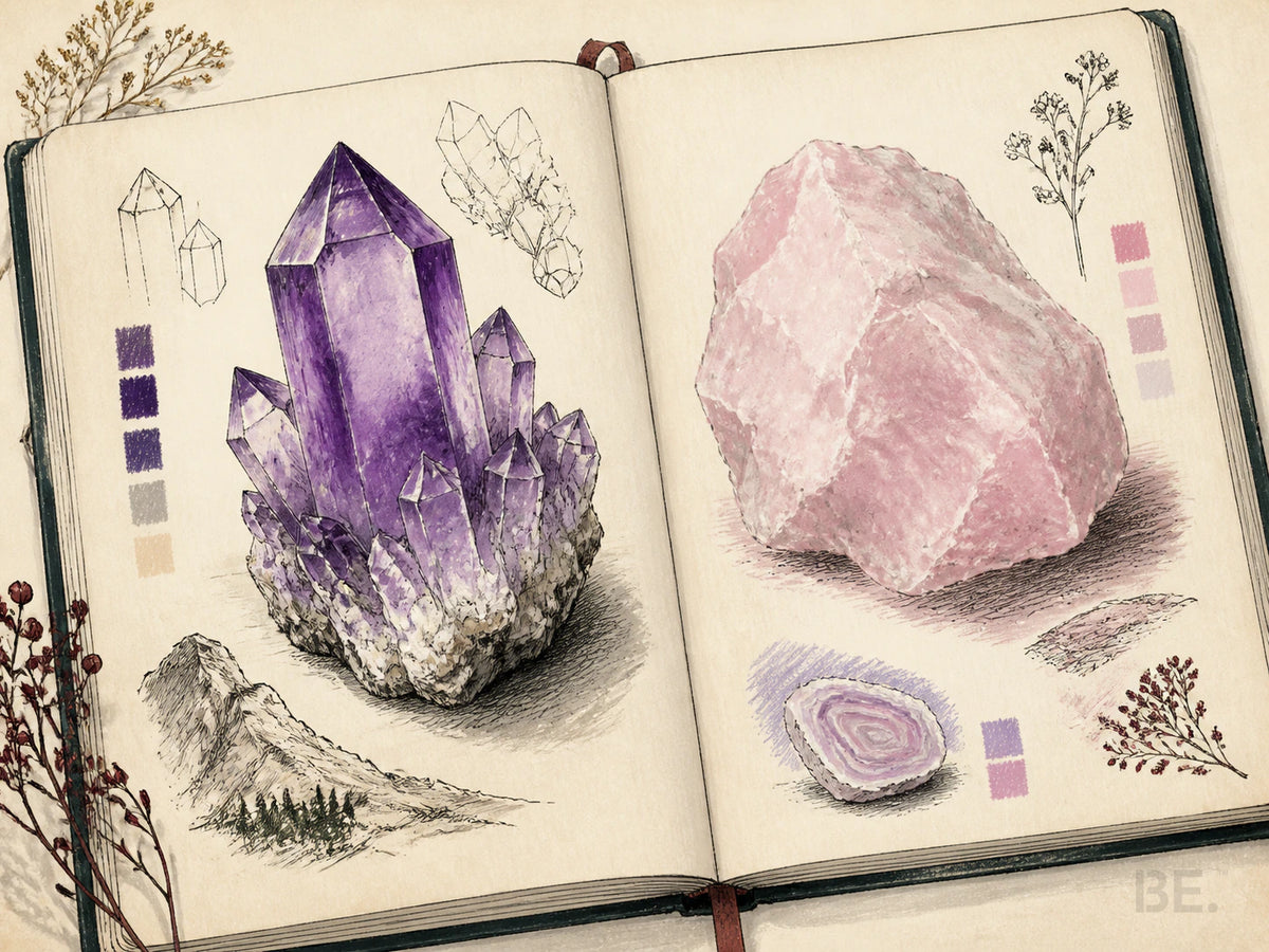 Illustrated material comparison of prismatic amethyst, massive Rose Quartz and a secondary locality-bound pink-amethyst question