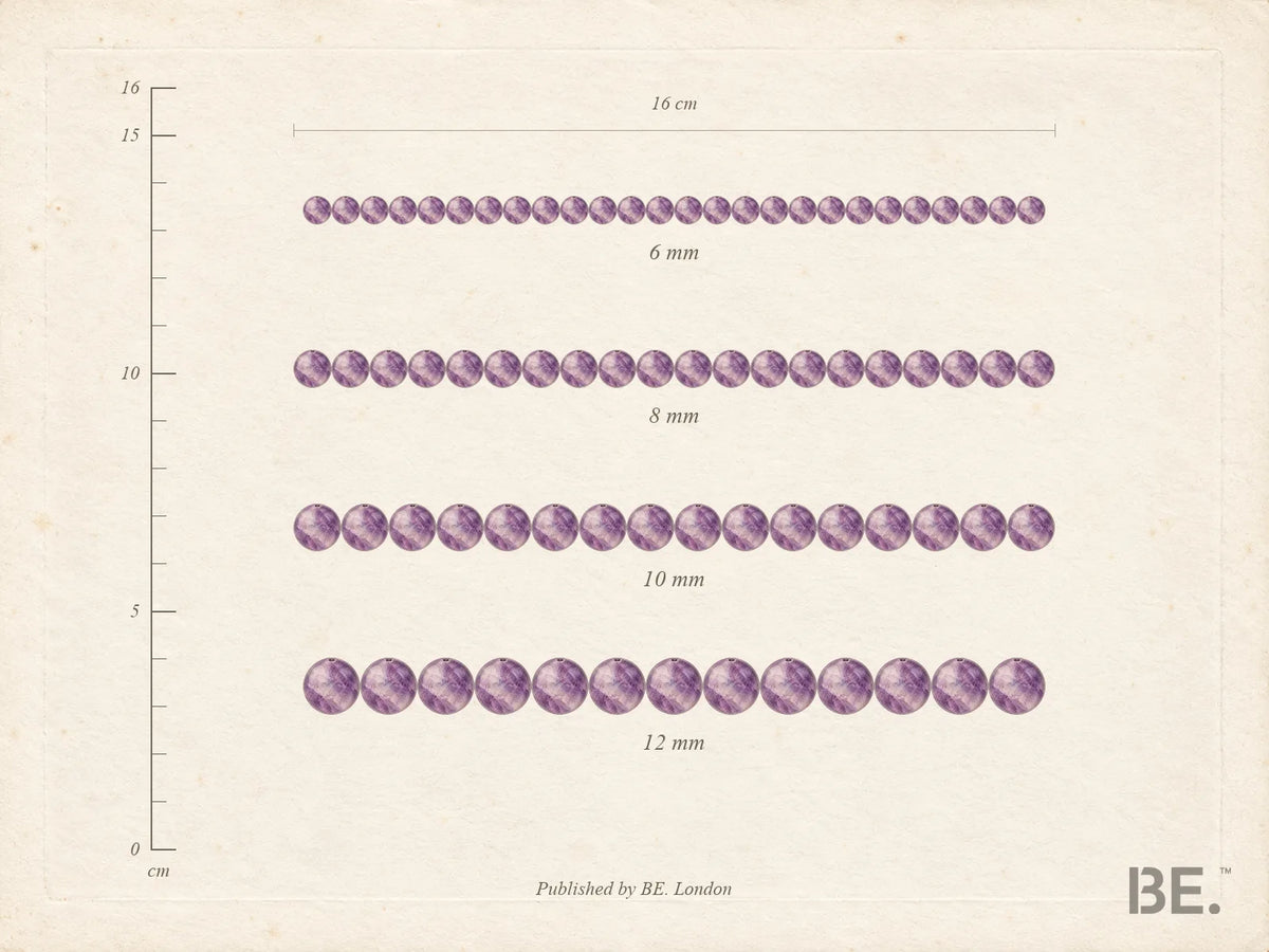 Four amethyst bead strands of 6 mm, 8 mm, 10 mm and 12 mm drawn to the same scale beside a 16 cm rule, showing how many beads fit a 16 cm wrist
