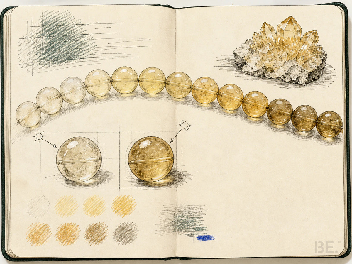 Field-notebook colour study of a citrine bracelet from pale champagne to smoky gold — BE.