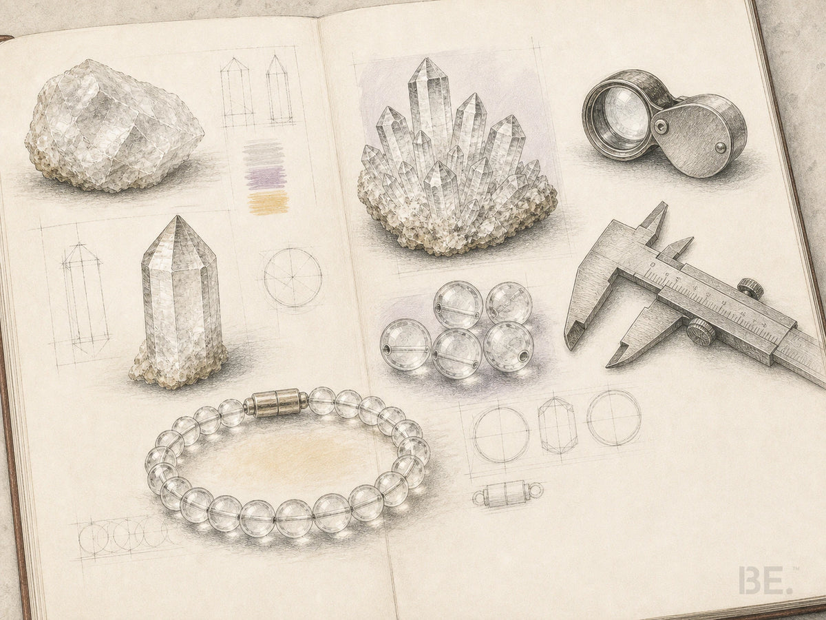 Field-notebook comparison of clear quartz rough, a natural point, cluster, calibrated beads, bracelet, loupe and calipers