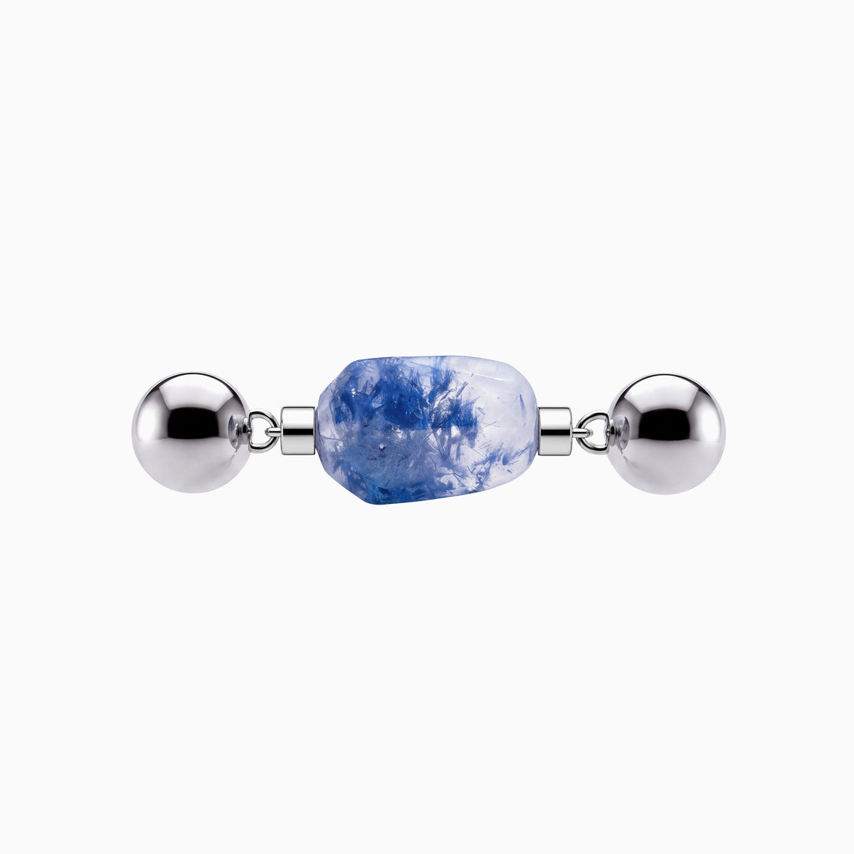 BE. Dumortierite Keystone with visible blue lines and silver-tone connectors, front view