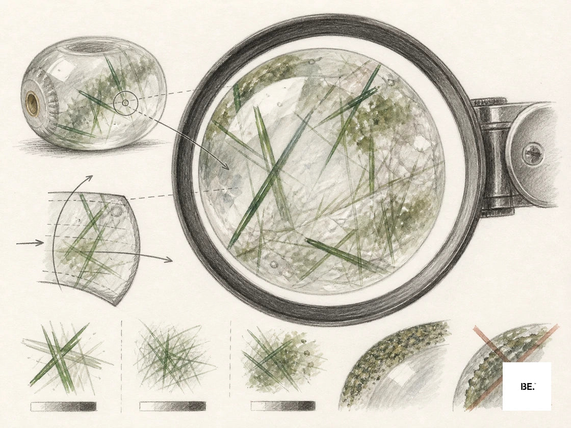 Field notebook illustration of green needle inclusions inside quartz under a loupe