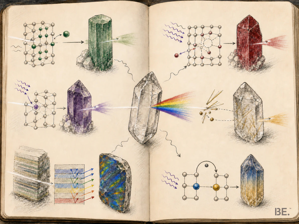 Field-notebook diagram of five physical routes to crystal colour: crystal-field absorption, charge transfer, colour centres, inclusions and fine-structure optics, BE.