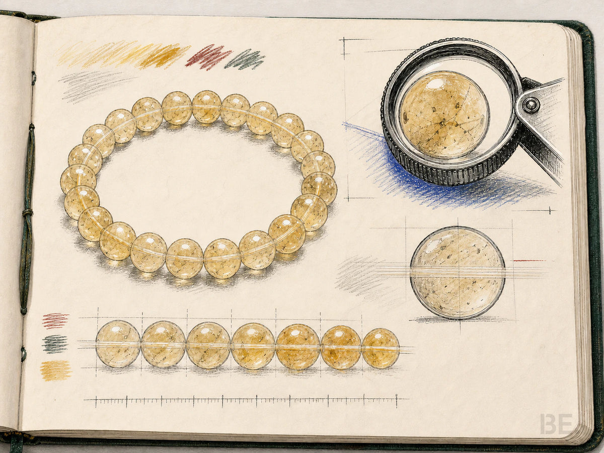 Field-notebook inspection of a citrine bracelet for colour, bead matching, polish, drill holes and cord construction — BE.