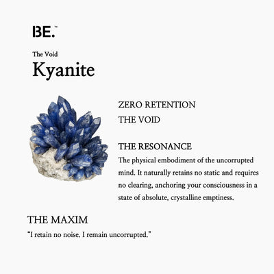 The Resonance Card for BE. Kyanite, detailing its connection to The Flow collection and absolute fluidity.