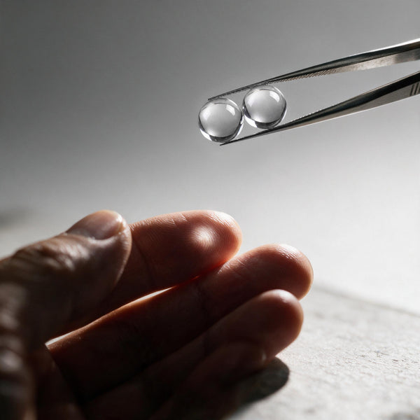 Two clear quartz beads held in tweezers above a hand