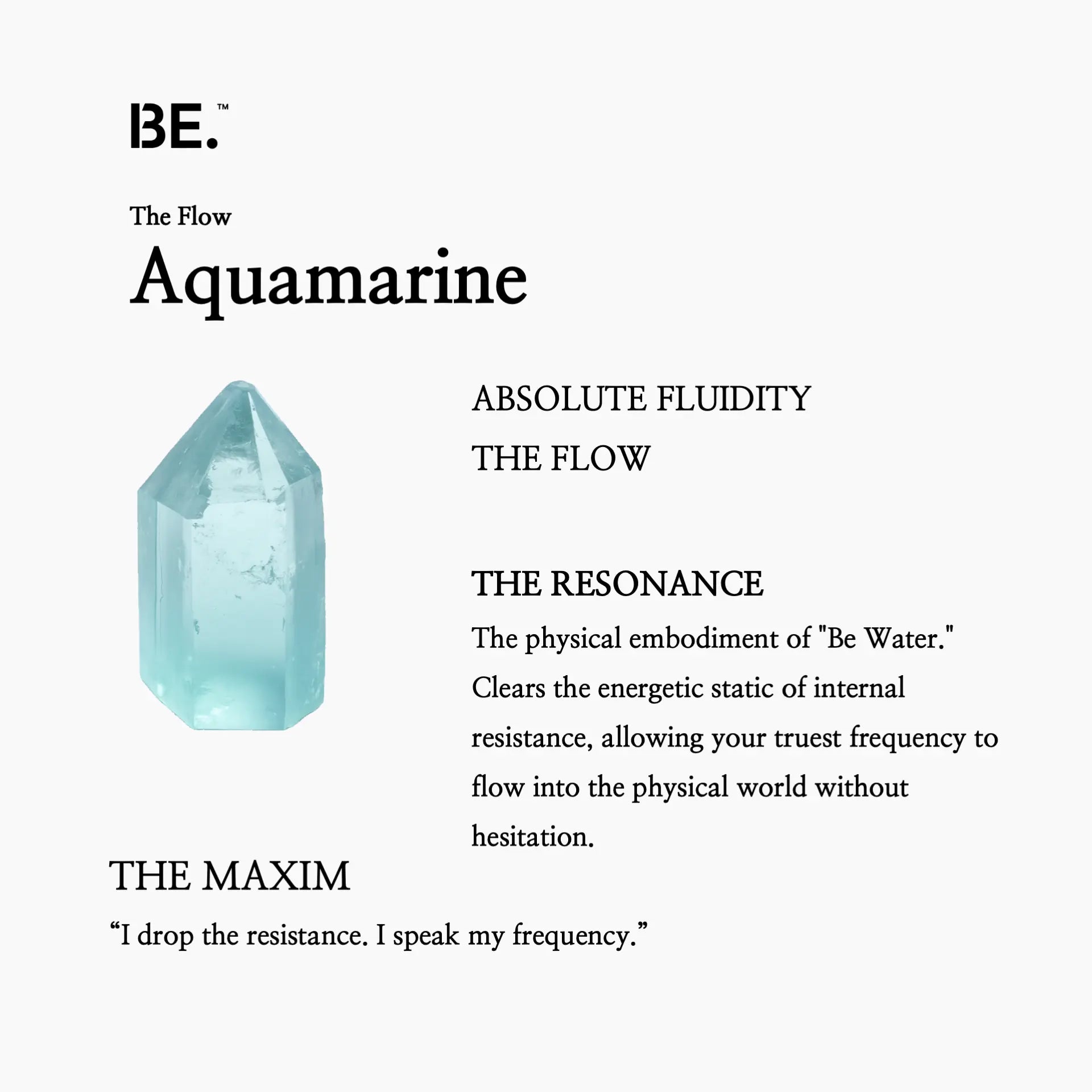 The Resonance Card for BE. Aquamarine, detailing its connection to The Flow collection and absolute fluidity.