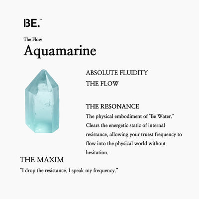 The Resonance Card for BE. Aquamarine, detailing its connection to The Flow collection and absolute fluidity.