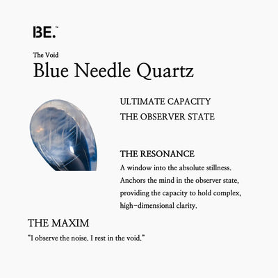 The Resonance Card for BE. Blue Needle Quartz, detailing its connection to The Void collection and ultimate capacity.
