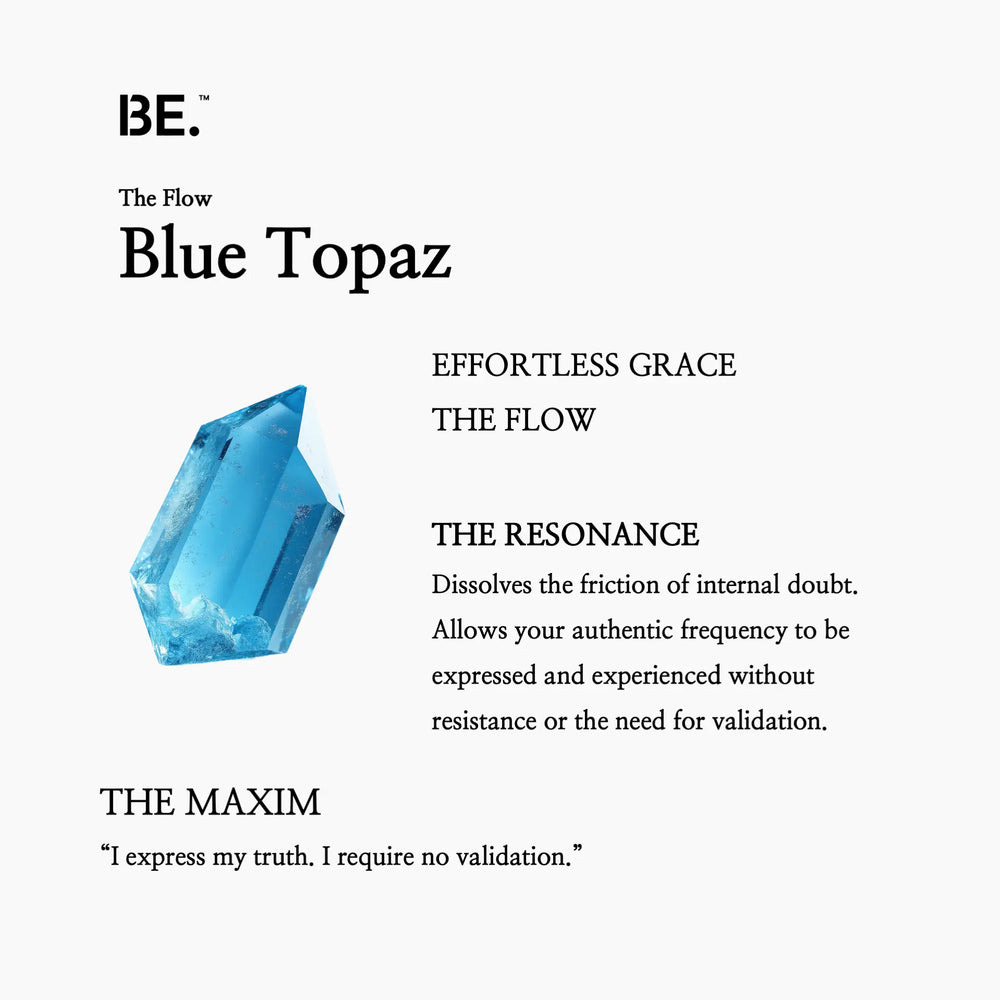 The Resonance Card for BE. Blue Topaz, detailing its connection to The Flow collection and effortless grace.