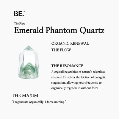 The Resonance Card for BE. Emerald Phantom Quartz, detailing its connection to The Flow collection and organic renewal.**Golden Rutilated Quartz**
