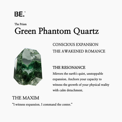 The Resonance Card for BE. Green Phantom Quartz, detailing its connection to The Prism collection and conscious expansion.