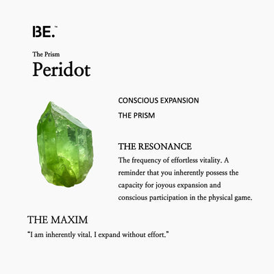 The Resonance Card for BE. Peridot, detailing its connection to The Prism collection and conscious expansion.