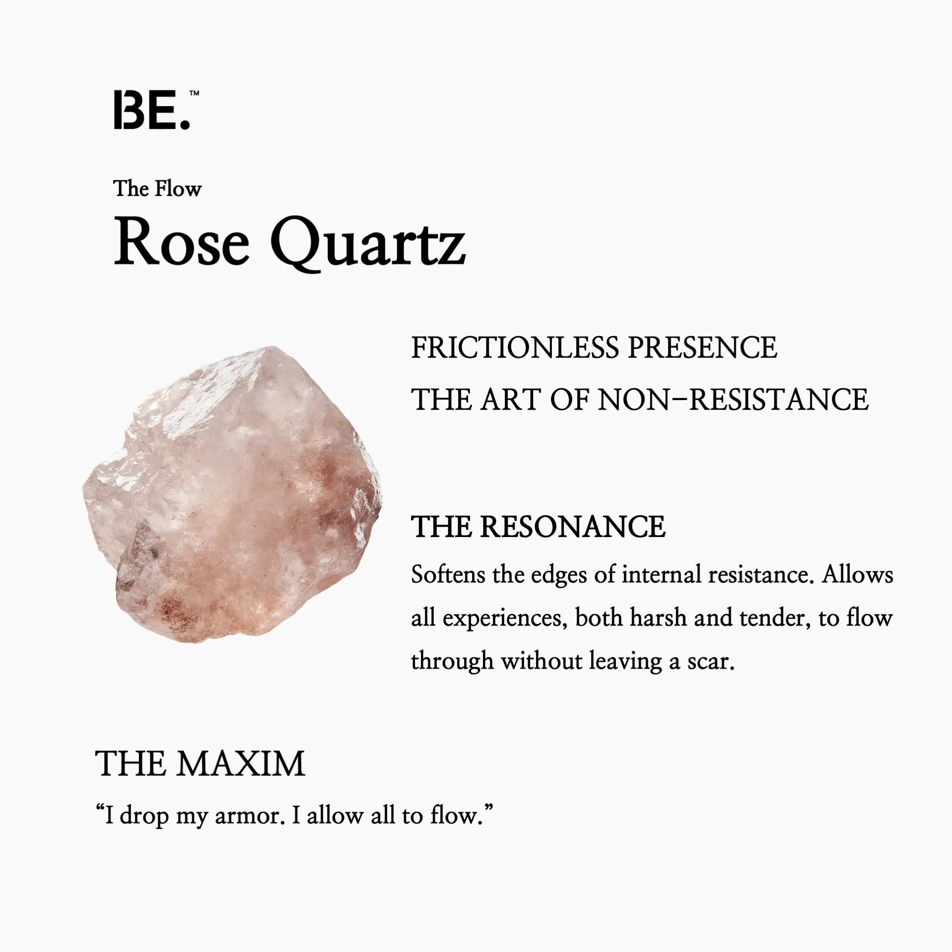 The Resonance Card for BE. Rose Quartz, detailing its connection to The Flow collection and frictionless presence.