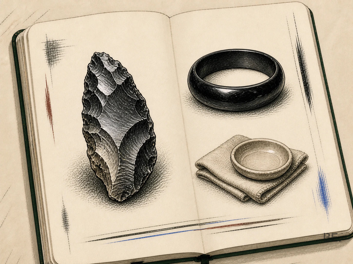 Field-notebook study of an obsidian cutting edge, polished wearable form, soft cloth and shallow cleaning dish