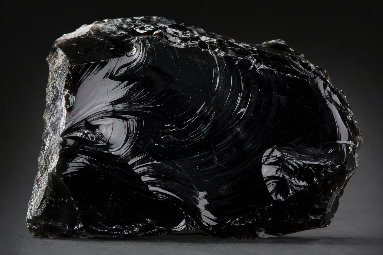 Natürliches schwarzes Obsidian-Exemplar mit charakteristischem muscheligem Bruch und Vulkanglas-Oberfläche